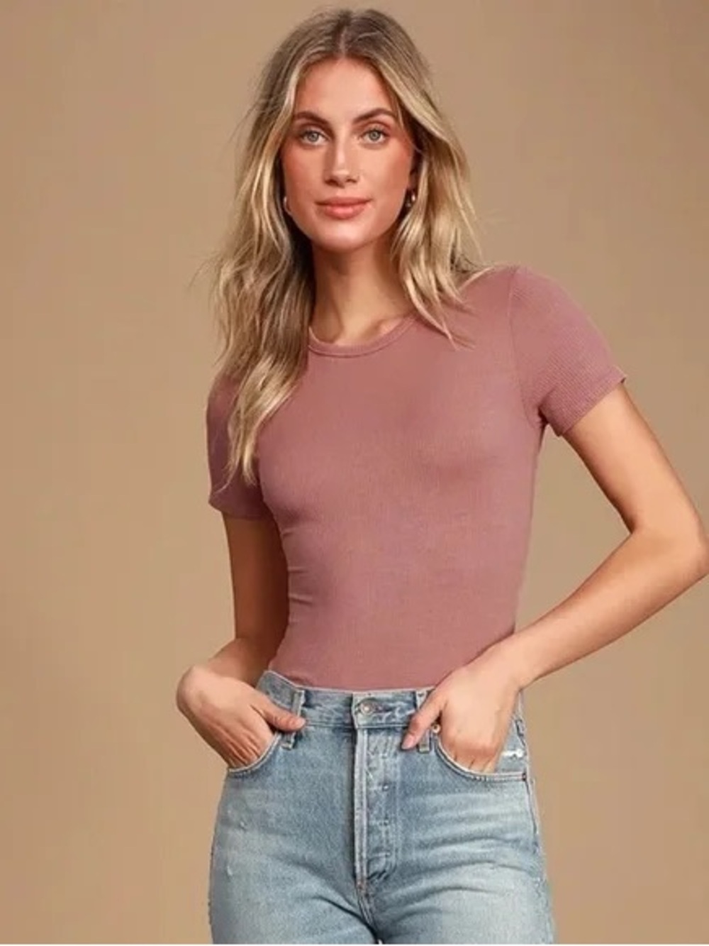Lulus Mauve Ribbed Short Sleeve Bodysuit medium